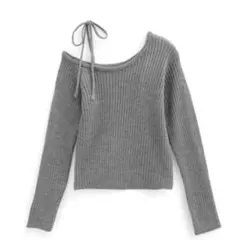 ワンショルダーリボンリブニットトップス[gn376] グレー