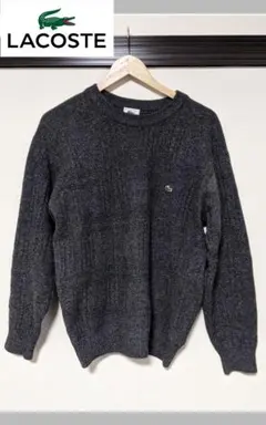 【LACOSTE】リブ編みセーター/無地/キャメル/ウール/刺繍/ロゴ/古着