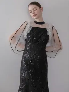 フラワースパンコールチュールフリルロングスリーブマーメイドワンピースドレス結婚式