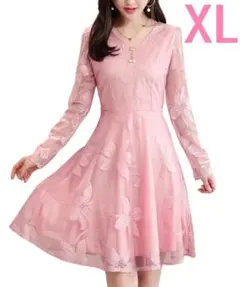 【ピンク XL】パーティドレス ワンピース 長袖 Vネック 膝上