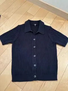 ネイビー 半袖カーディガン リブ編み