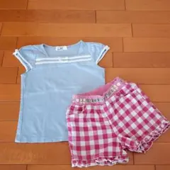 120cm　女の子　リボンつきトップス　チェック　フリル　ショートパンツ