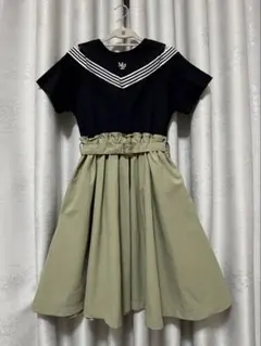 メゾピアノジュニア　160 黒×カーキ 肩スリット 切り替えワンピース