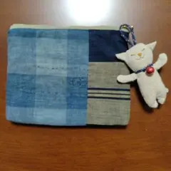 古布　ぺたんこポーチ　襤褸　猫チャーム付き　メンズポーチにも　個性派　匿名配送込