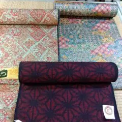 着物反物 ３点セット　紬 麻の葉文様 毛混 　化繊　保管品のサムネイル