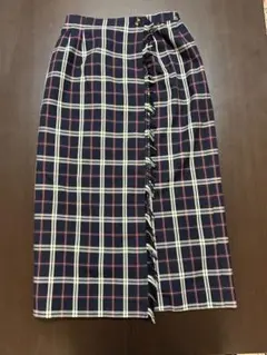 【美品】　チェック フリンジ　タイトスカート　赤と青　ロングスカート　ボタン