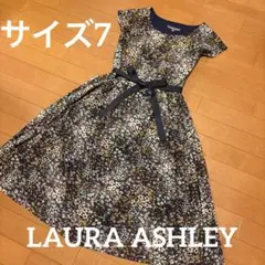 ローラアシュレイ 花柄ネイビー半袖ワンピース　サイズ7