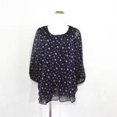 noa-ge ドット柄ブラウス シフォン袖 七分袖プルオーバー ネイビー（LL）