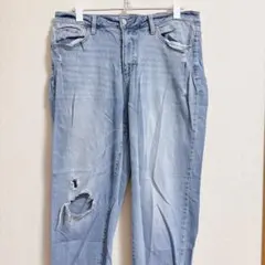 ミッドライズ デニム ダメージ加工 ライトブルー【XL】