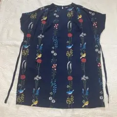 マーブルシュッド 総柄 ワンピース 刺繍 ネイビー リス リーフ 青 膝下