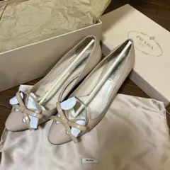 PRADA ピンクベージュ リボン付きパンプス37.5