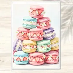 A4 苺と花のマカロンタワー 春色スイーツ水彩アート インテリアアート 水彩画