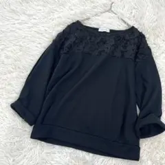 イーハイフンワールドギャラリー 立体花柄 スウェット プルオーバー 七分袖 黒