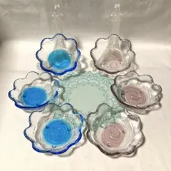 【値下げ！】手造りガラス　びいどろ　花型豆小皿（BL・PK）6個セット