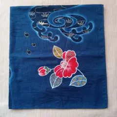 花柄 波模様 ハンカチ 　藍染　紺色