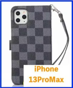 iPhone 13 ProMax ケース 手帳型 【黒】おしゃれ 秋冬 チェック