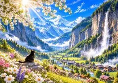 アートポスター 猫 アルプス 滝 風景画 インテリア