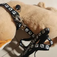 【新品】小型犬·ねこ用 首輪&リードセット ブラック 肉球模様 鈴付き
