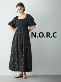 N.O.R.Cノーク ボリュームスリーブ刺繍ワンピースF インド綿　黒ナチュラルのサムネイル