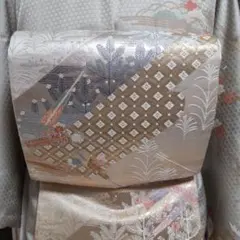 正絹　金銀扇松織り出し　袋帯（１７５）