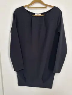 rienda 黒 リブ素材 長袖 膝丈ワンピース