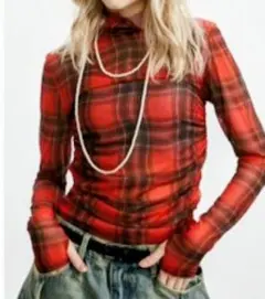 jouetie 赤チェック タートルネックシースルーシャツ