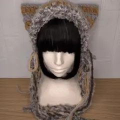 手編みの猫耳ニット帽❗️ふわふわ毛糸、ボーダー＋ファー！あご紐付き、y2k