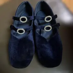 ZARA ネイビー ダブルストラップ フラットシューズ 24cmキラキラ