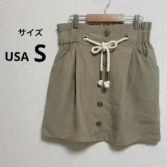 【zara】ザラ　ミニスカート　フロントボタン　ウエストロープひも　カーキ　S