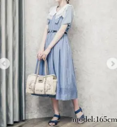 ［匿名配送］ストライプ柄ジャンスカ、ビッグ襟Ｔシャツ 2点セット