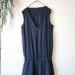 ルスーク『36』光沢 Vネック シースルー オールインワン ネイビー フォーマル