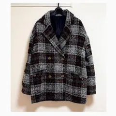 チェック　ボタン　コート　グレー