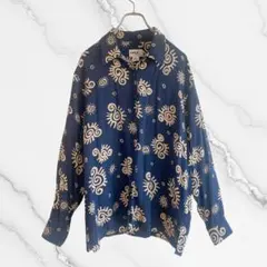 シルク100%シャツブラウス総柄デザイン渦巻き柄レトロ紺ネイビーヴィンテージ古着