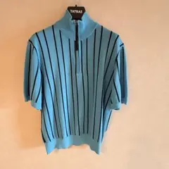 HUGO BOSS ハーフジップ半袖ニット 短丈 ストライプ 水色 HUGO BOSS ハーフジップ半袖ニット 短丈 ストライプ 水色 - メルカリ