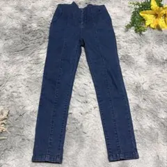 ミーア ハイウエスト デニムパンツ センターシーム 美脚 スリム M 紺 綿混のサムネイル