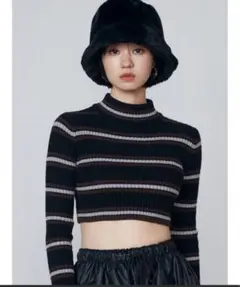 ストライプ クロップドタートルネック　ハイネック