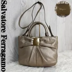 美品♡ヴァラリボン♡ギャザー♡フェラガモ 2way ミニボストンバッグ ゴールド