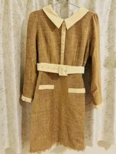 MIIA(イエローチェック柄 長袖ひざ上襟付きワンピース Sサイズ)ベルト付き