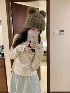 かわいらしい柔らかいハートドット柄 ニットタートルネック長袖セーター サイズS