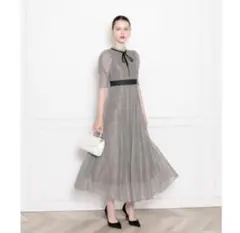 Leja ウエストマークパフスリーブ総レースロングドレスワンピース