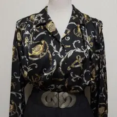 ヴィンテージ 総柄ブラウス バブル期 ゴールドチェーン柄 開襟シャツ レトロ