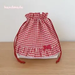 ハンドメイド　お弁当袋　ギンガムチェック赤　フリルリボン