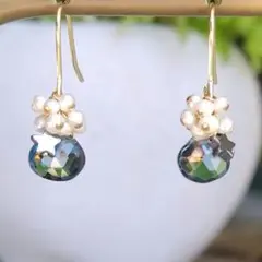 １4Kgf天然石ピアス　美人石ロンブルとキャビアパールと★ヘマタイトのピン仕立て