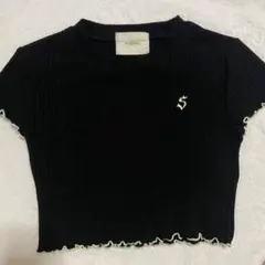 リブ編みフリル裾の黒Tシャツ Fサイズ