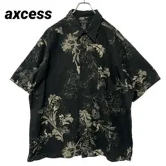 T-1481 axcess リネンシャツ 半袖シャツ ボタニカル総柄 黒 2XL