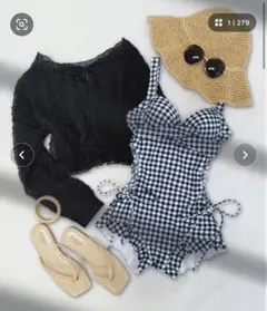 【OSYAREVO】体型カバー水着トップス付きサイドレースアップフリルワンピースのサムネイル