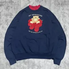 US古着　スウェット　くま　りんご　アニマル　トレーナー　ネイビー　大きめ　刺繍