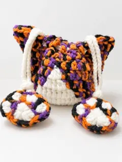 ハンドメイド かぎ針編み ハロウィン柄、猫の巾着袋 巾着ポーチ肉球付き♪