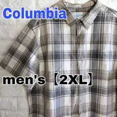 D56【Columbia】半袖チェックシャツ【メンズ2XL】茶×グレー