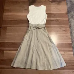 ミラオーエン ニット×麻ドッキングワンピース ベージュ ノースリーブ フレア